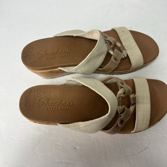 Skechers Sandals Women's 9 Tan Beige Comfort Platform Wedge Slip On Luxe Foam - Picture 6 of 14